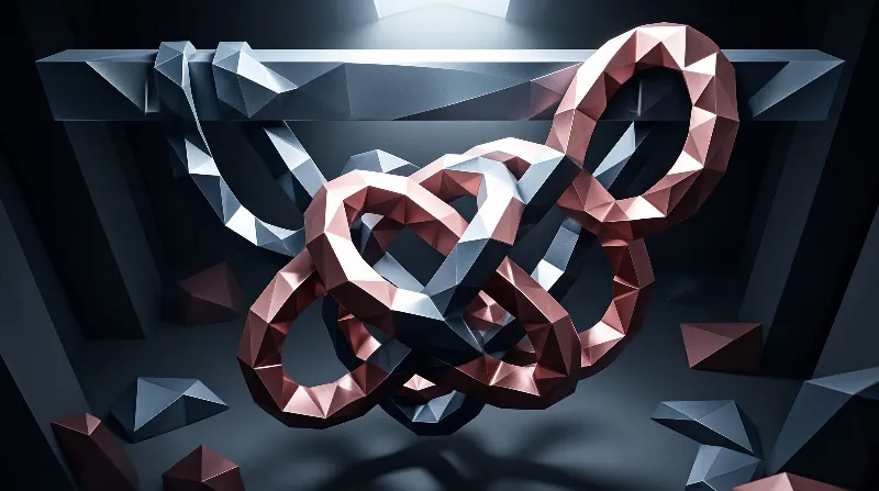 Interlocking pink and silver faceted rings float in a dark space with scattered geometric shards under a spotlight.