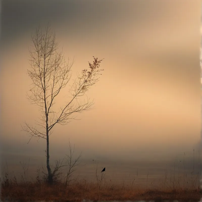A bare tree stands against a hazy orange sky while a small bird perches on a reed in the foreground mist.