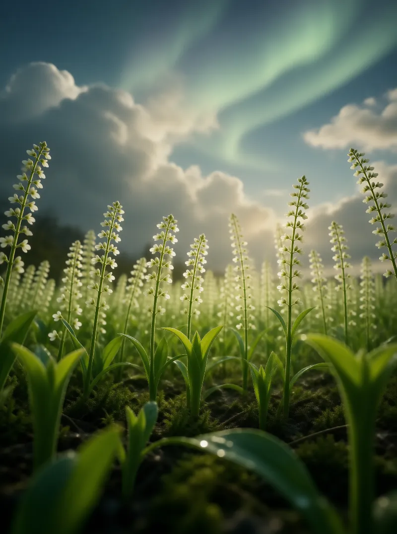 Sunlit Wildflowers Under Aurora
