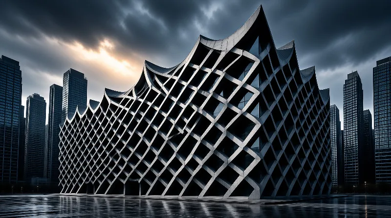 Rippling metallic lattice building on wet city plaza, flanked by dark towers under clouds with warm light cutting through