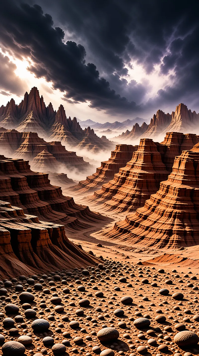 Layered desert rocks rise from sand scattered with spherical stones beneath a sky with sunlight breaking through clouds.
