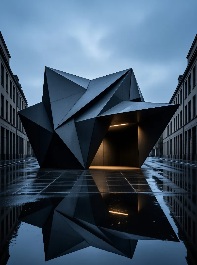 A faceted black star-shaped pavilion stands on a rain-soaked plaza, its glowing doorway mirrored in the wet stone.