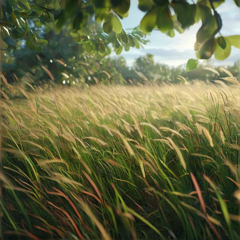 Tall green and golden grass bends in the breeze beneath overhanging leafy tree branches as warm sun backlight filters through the foliage.