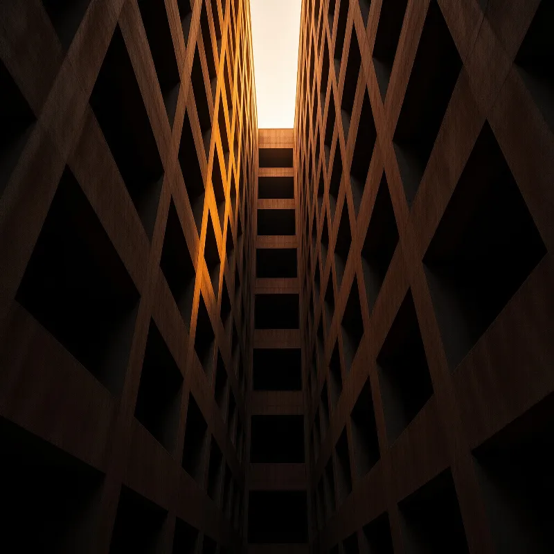 Tall buildings with diagonal lattice patterns framing a gap where sunlight illuminates the upper edges against deep shadows.
