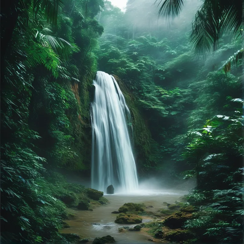 A smooth waterfall streams down a mossy cliff surrounded by thick tropical foliage and drifting mist.