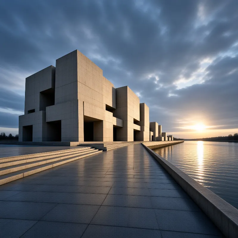 Massive geometric concrete structures beside calm water at sunset with golden reflections on the surface