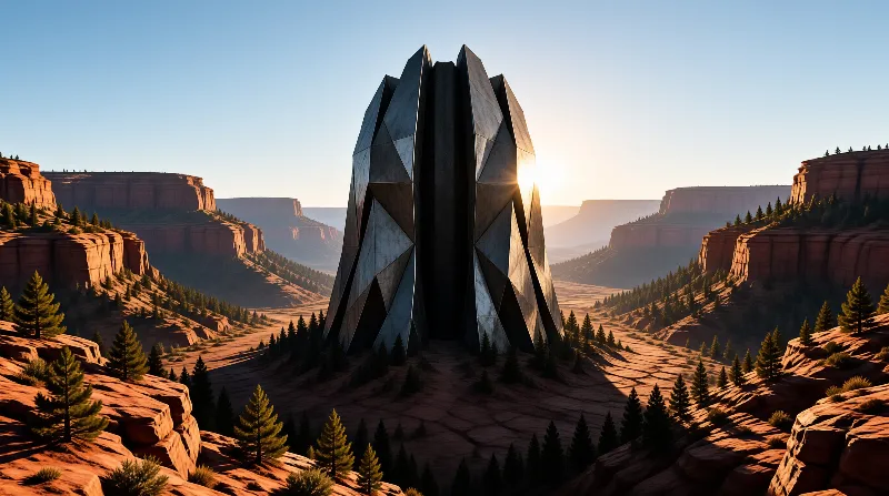 A large dark geometric structure stands in a red rock desert canyon illuminated by rising sun.