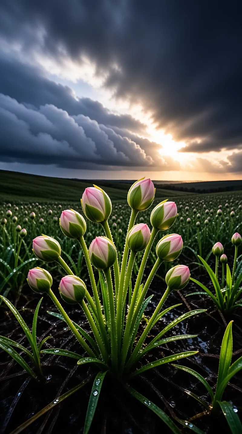 A cluster of pink tulips stands in a vast green field beneath a heavy cloudy sky with the sun shining through.