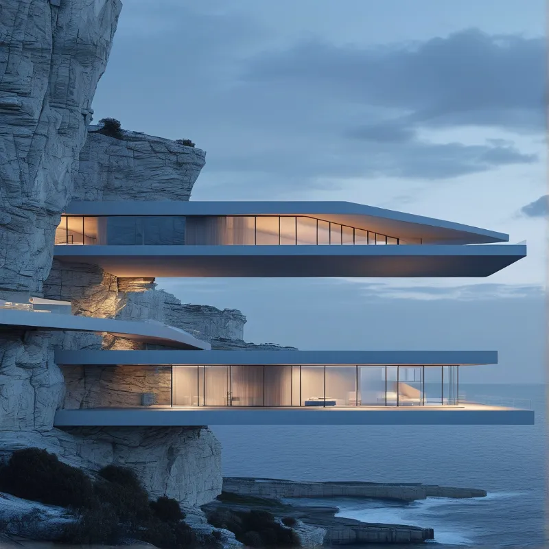 Slim white storeys of a modern home project from layered limestone above a calm evening ocean.