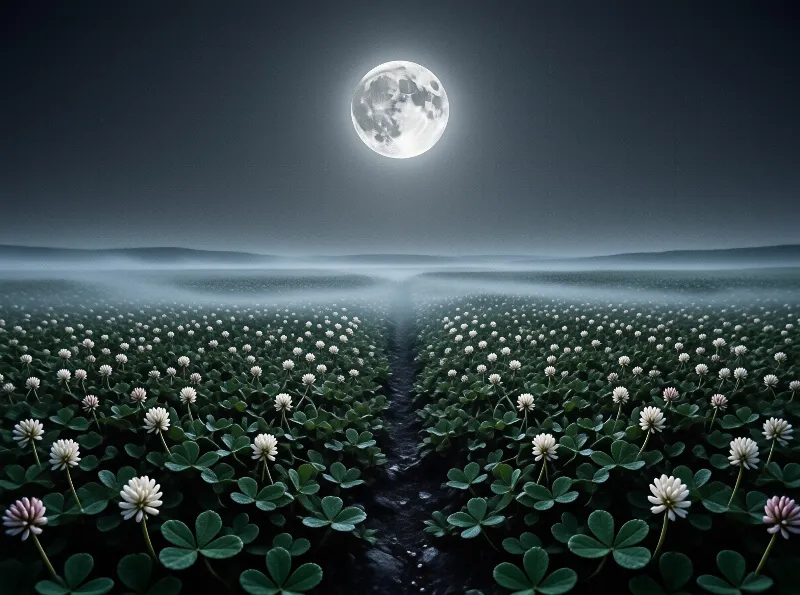 Countless white blooms speckle a dark field while a huge moon rises over fog that hides the far hills