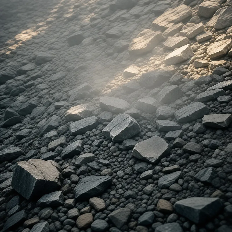 A massive pile of dark grey crushed stones sits under a bright shaft of sunlight cutting through the haze.