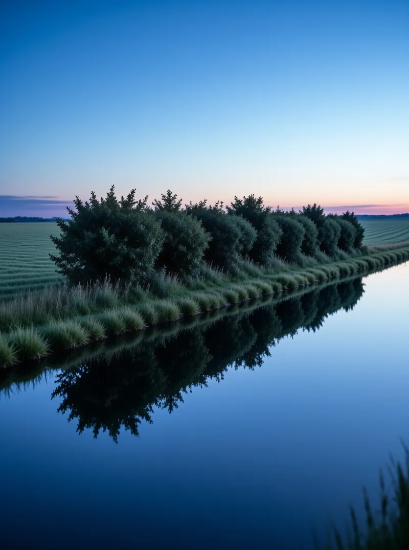 Dark bushes line a calm waterway reflecting their forms under a gradient blue sky fading into twilight.