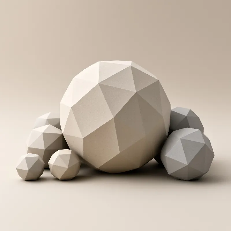 Cluster of faceted low poly beige and grey stones rest on a pale smooth neutral surface with soft even diffused lighting.