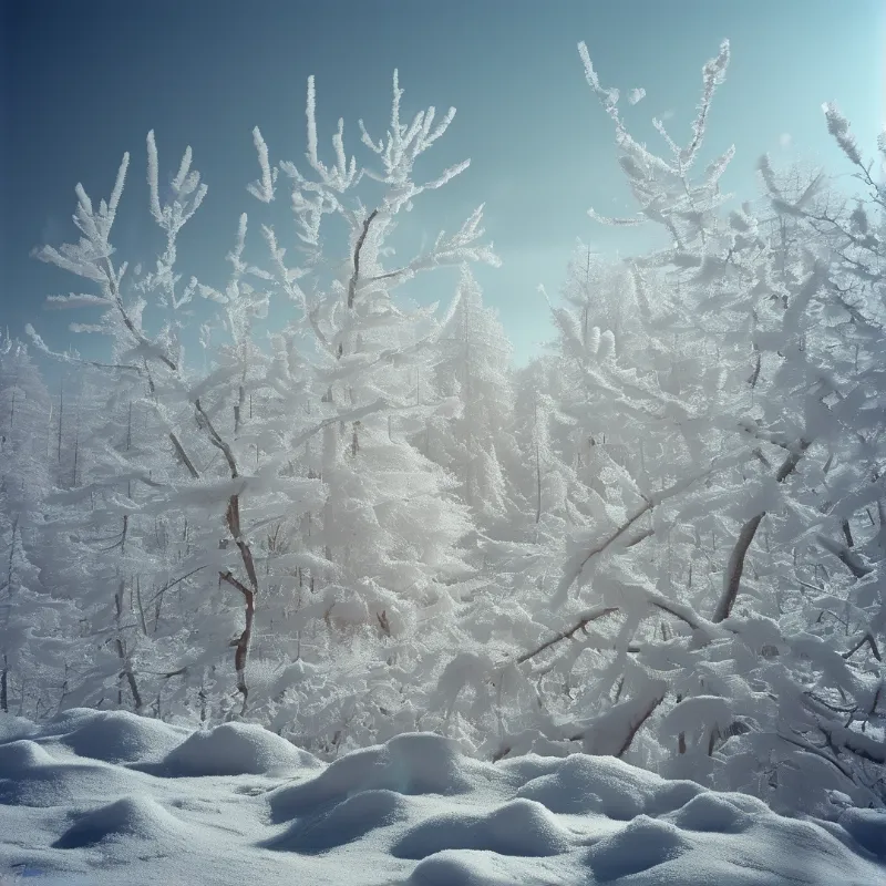 Snow-laden branches rise into a bright blue sky within a quiet frozen winter landscape.