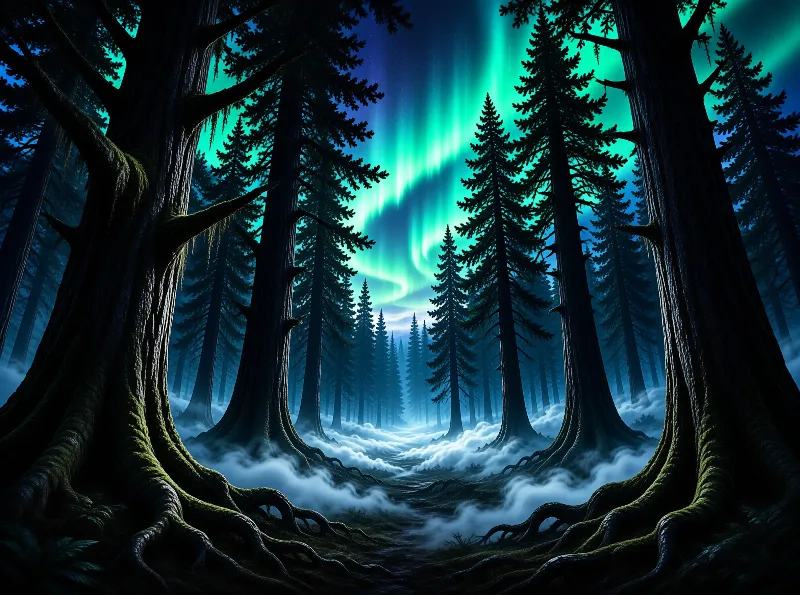 Mystical Forest with Aurora