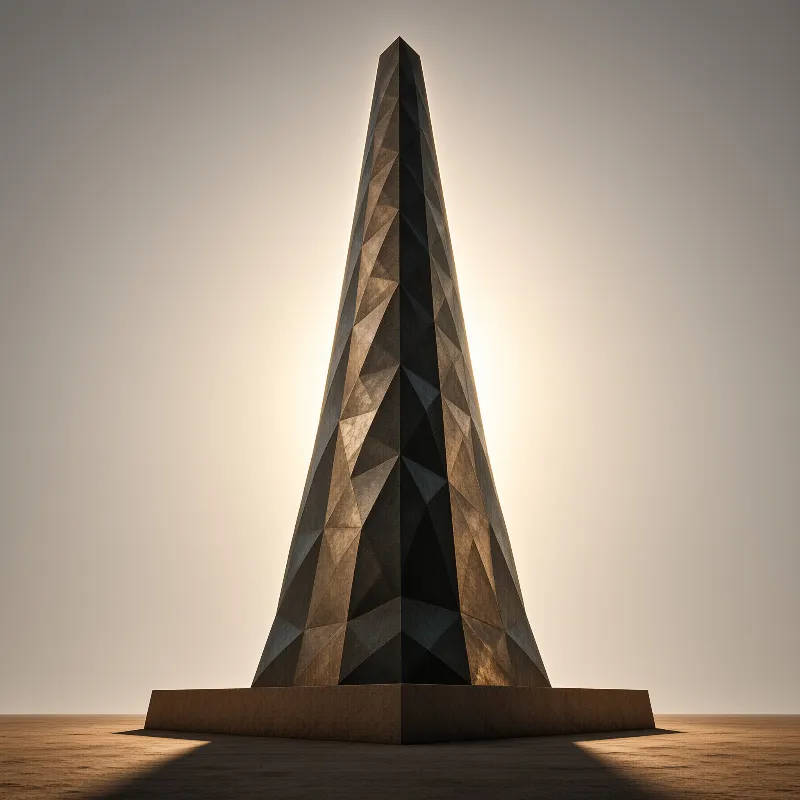 A tall angular monument with faceted dark surfaces stands on a flat barren landscape under a softly glowing sky