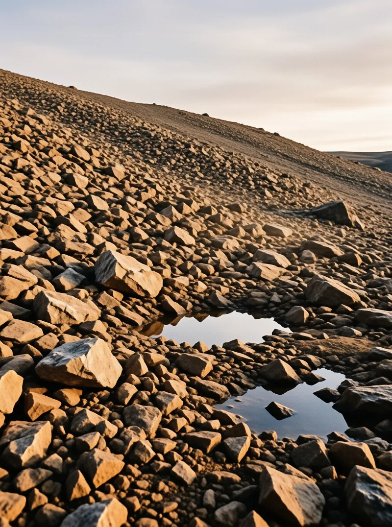 A still sky reflection sits in a shallow pool cut into a golden sunlit gravel hillside at dusk.