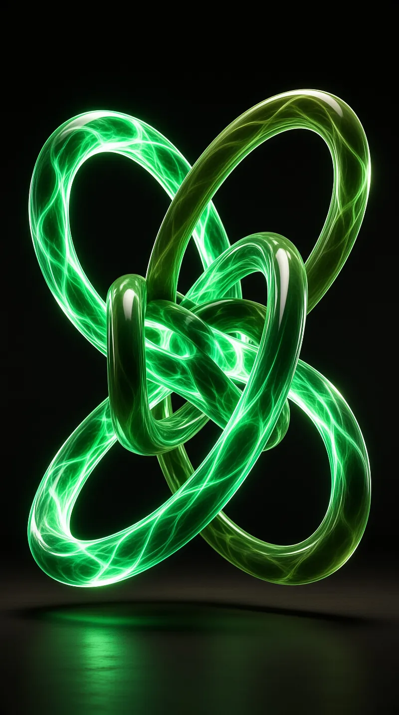 A luminous green loop sculpture with tangled tubes glows against a dark reflective surface