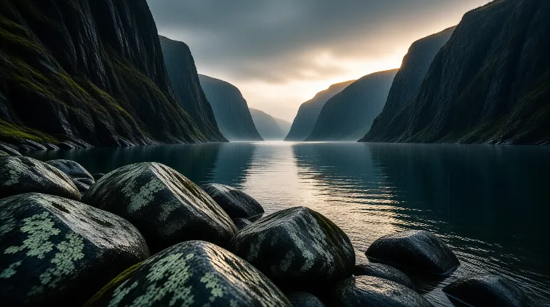 Large dark boulders with green lichen rest on a calm fjord shore while golden sunlight breaks through distant mountains.