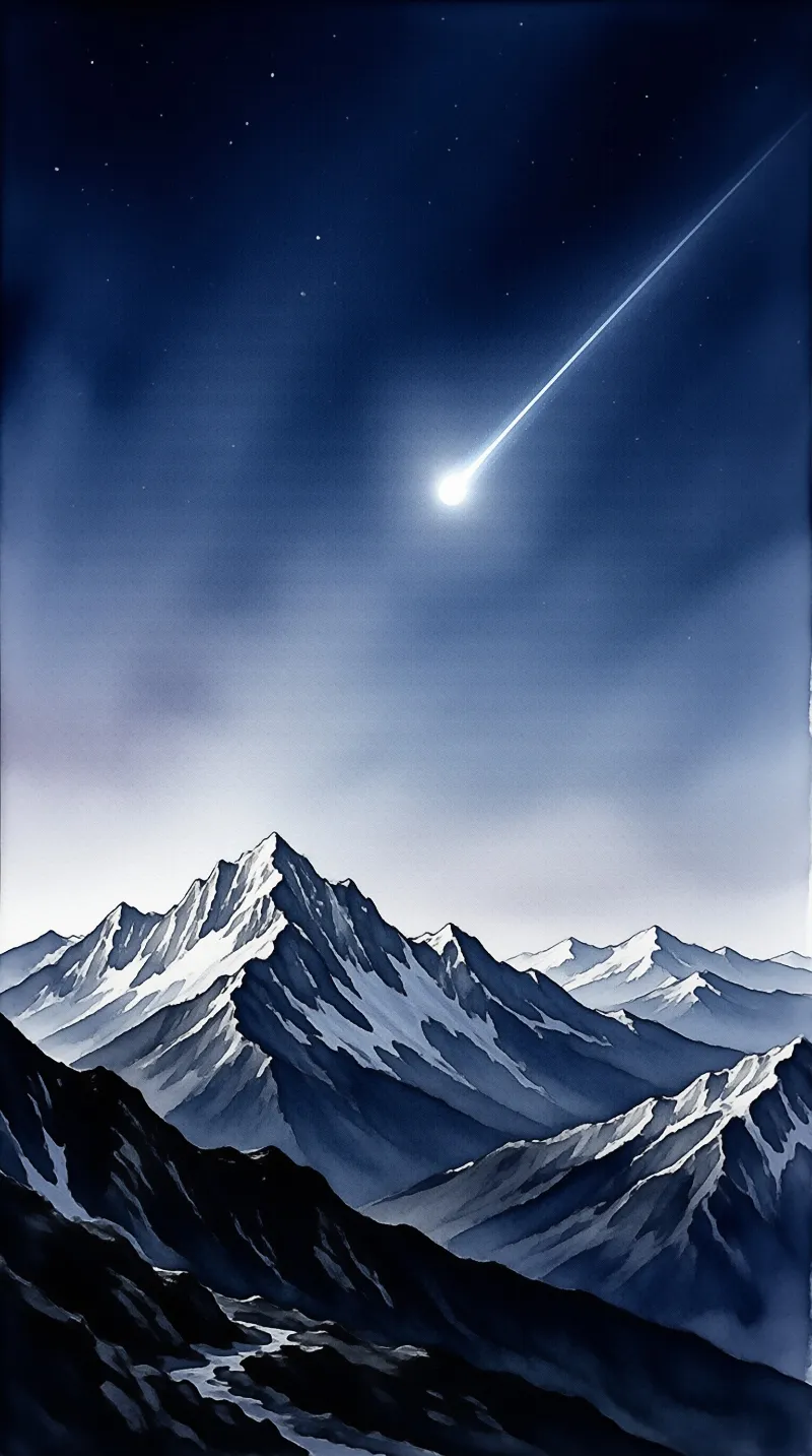 Snow covered mountain peaks rise against a deep blue night sky while a bright meteor streaks diagonally across the frame.