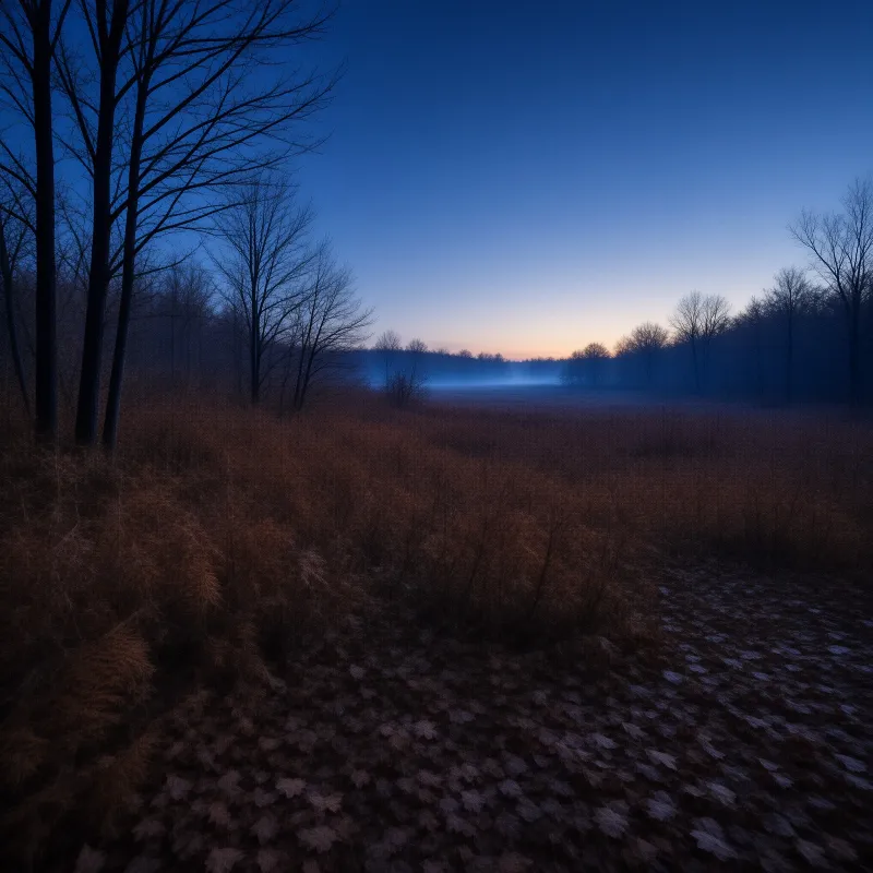 Dark trees frame a misty field under a gradient sky shifting from deep blue to faint orange light.
