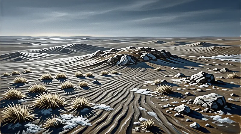 An illustrated windswept plain shows pale grasses and snow patches spilling over ridges beneath a slate sky.