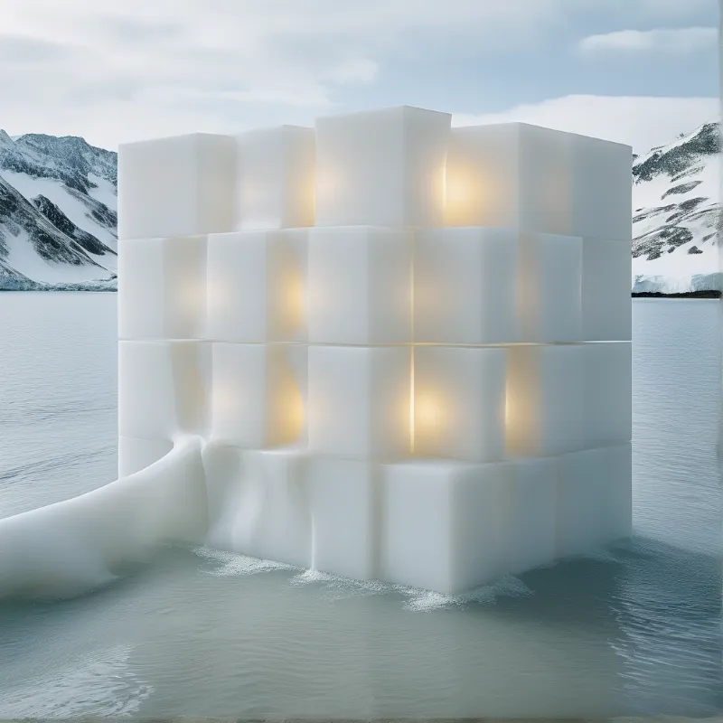 A large white blocky structure rises from calm water with warm light glowing inside its cubic sections.
