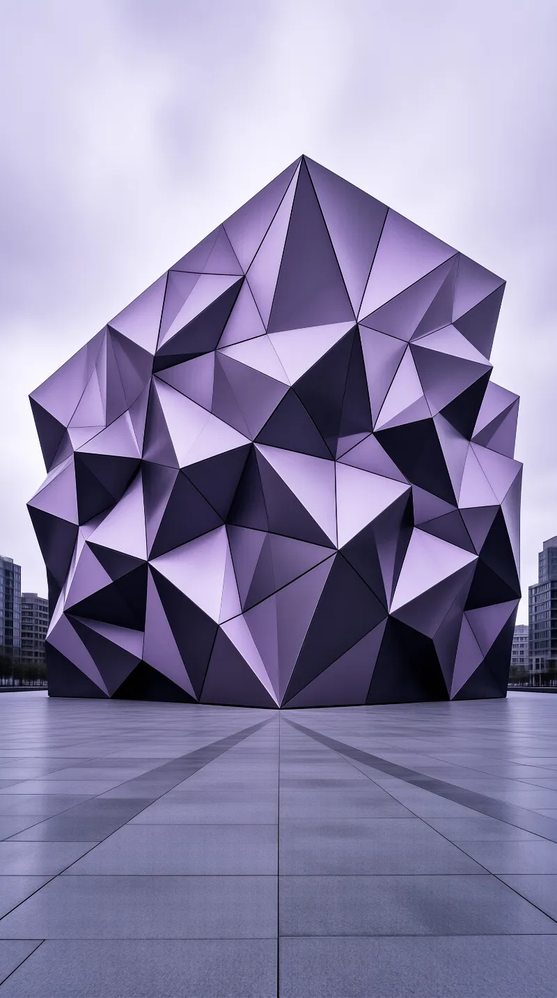 A faceted lavender structure with triangular metallic panels rises above a tiled plaza under a soft grey sky