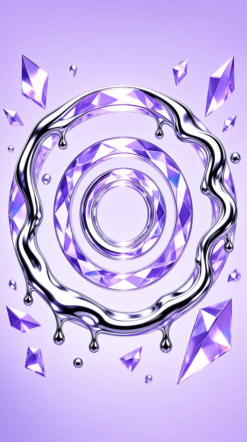 A shiny purple gem circle is surrounded by a wavy chrome ring while violet shards float against a soft lavender background.