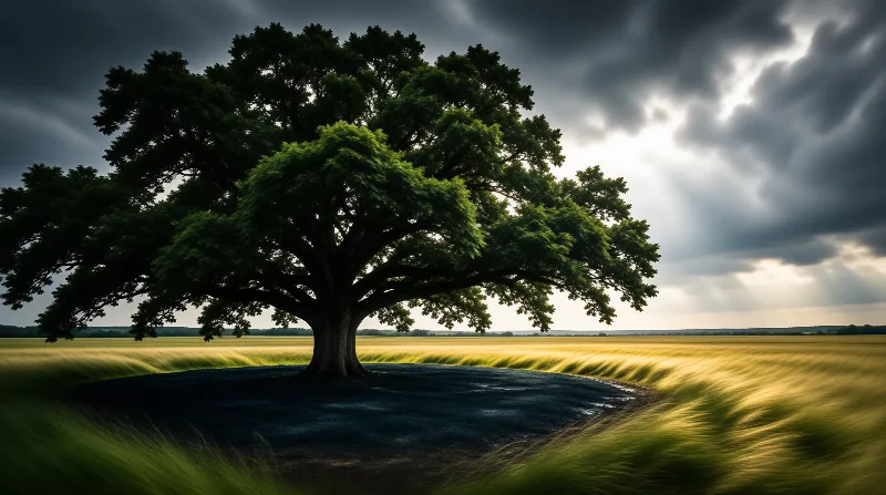 A broad green tree stands over a shadowed clearing as wind streaked wheat ripples beneath a heavy storm sky.