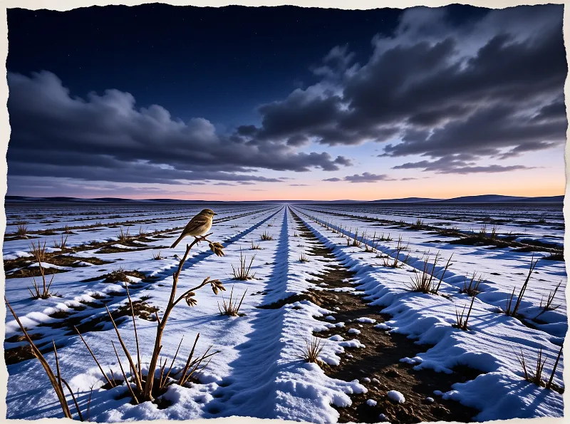 Sparrow perches on a dry reed in a snow covered plowed field, straight rows lead to the horizon under a cloudy dusk sky.
