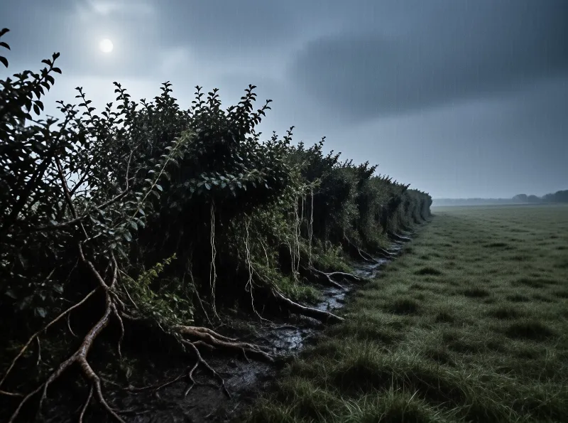 A long line of bushes with exposed roots borders a wet field under a dark rainy sky with a faint moon.