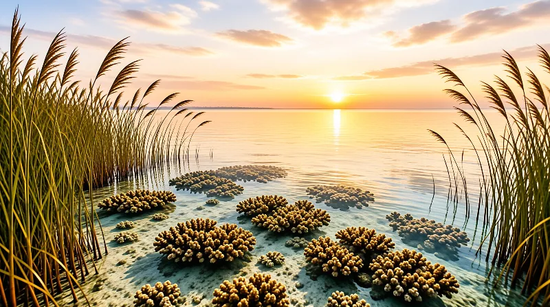 Tall reeds flank calm water where brown coral formations rest on the sandy bottom beneath a glowing golden sunset.