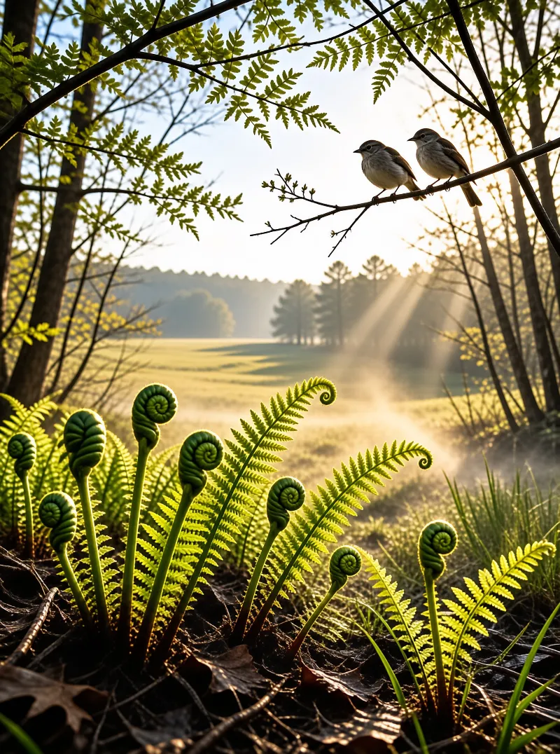 Curled young ferns catch golden light in the foreground while two small birds sit on a twig above a misty meadow.