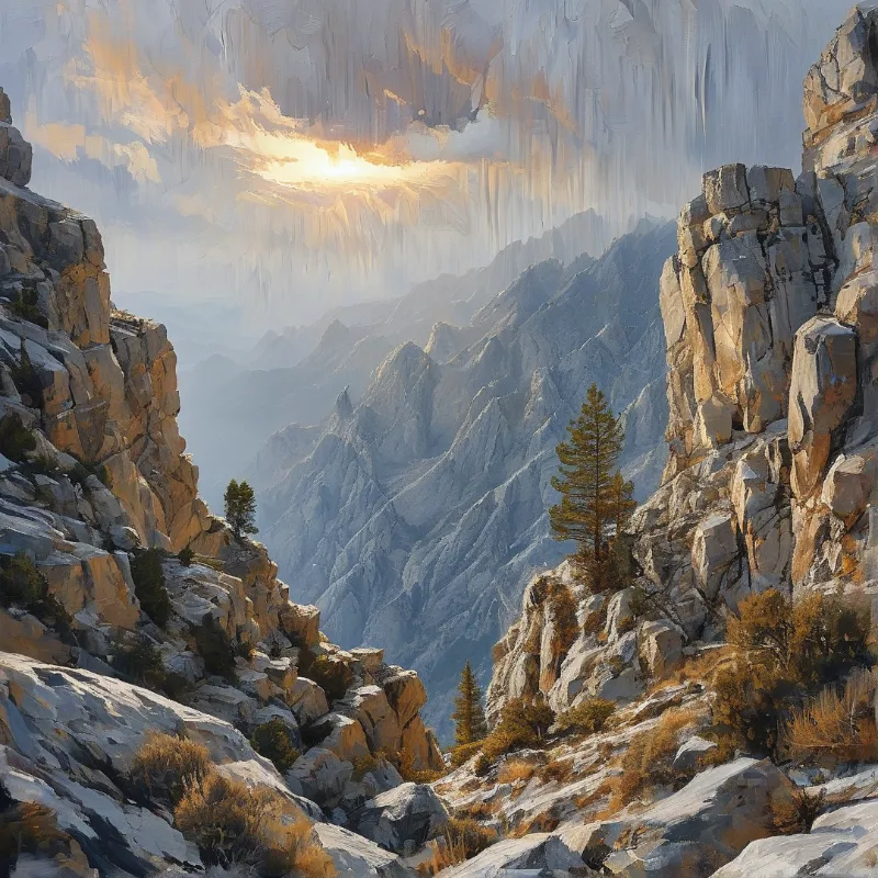 Steep jagged granite peaks flank a hazy layered mountain valley as soft golden sun filters through broken overhead clouds