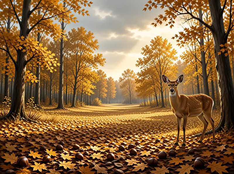 A young deer pauses on a forest path blanketed with orange leaves and scattered acorns.