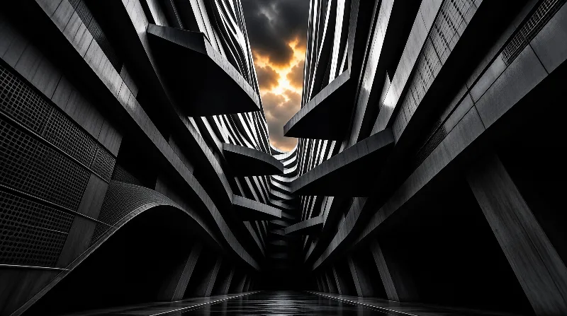 A symmetrical corridor with wavy walls leads toward a bright orange sunset breaking through dark clouds.