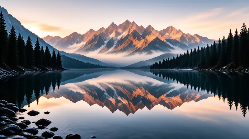 A glassy mountain lake repeats jagged snow covered summits and a band of pine forest along the shore