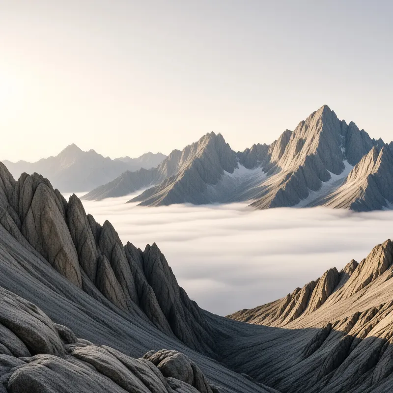 Jagged mountain ridges tower over a sea of clouds while sunlight highlights the rocky textures.
