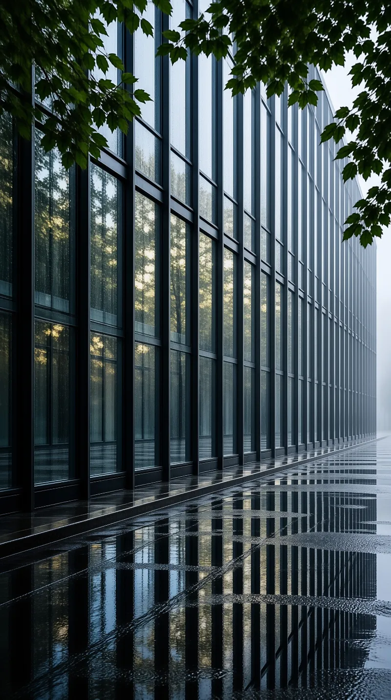 Tall glass windows reflect onto a wet walkway beneath overhanging green leaves in the rain.