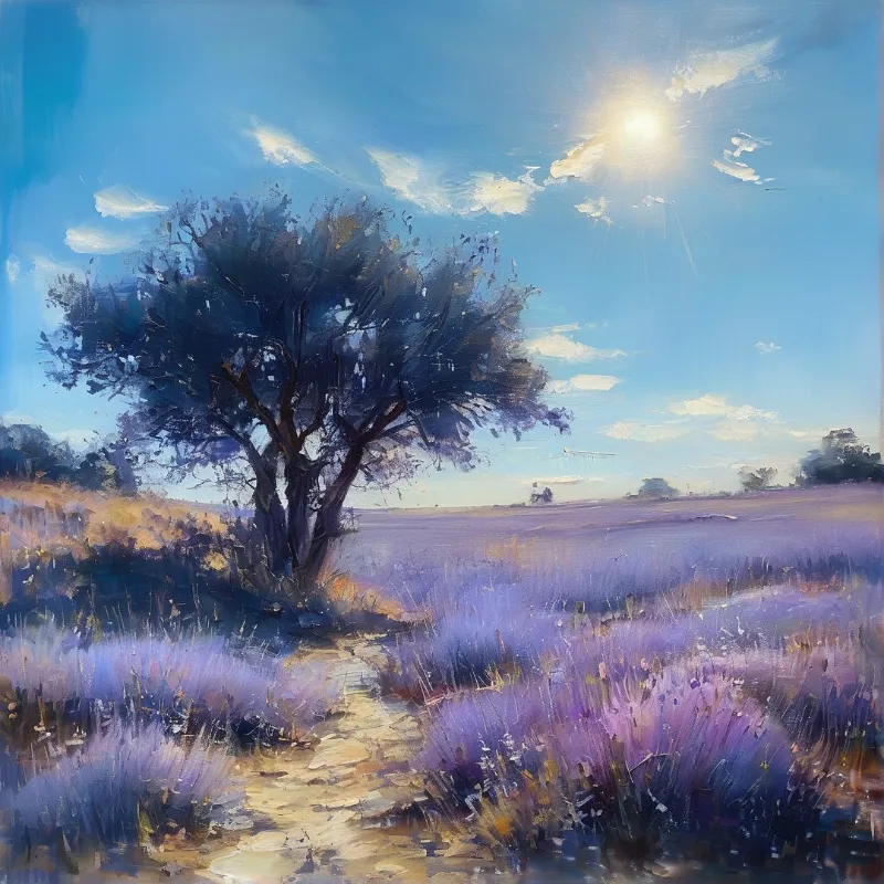 A solitary tree stands beside a winding path through a purple lavender field under a bright blue sky with shining sun.