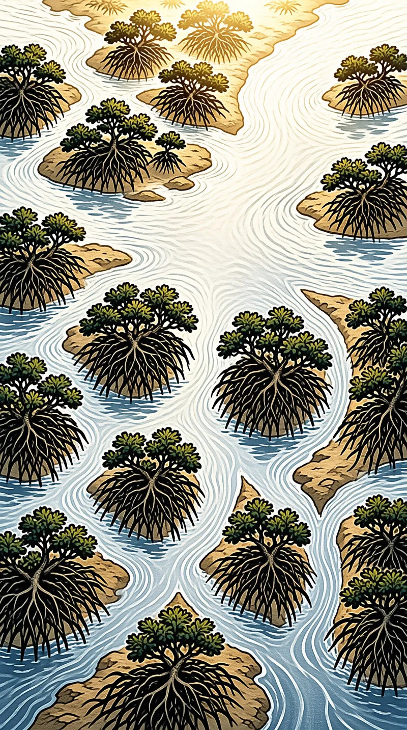 Stylized illustration of small islands with green trees and long dark roots extending into blue rippling water.