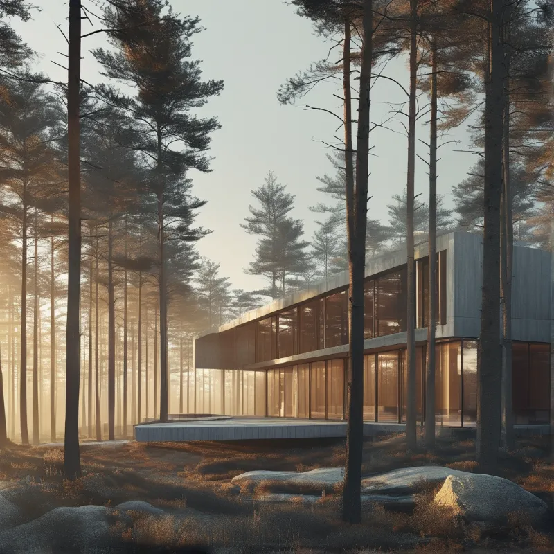 A contemporary building with large windows nestled among tall pine trees in a sunlit misty forest at sunrise