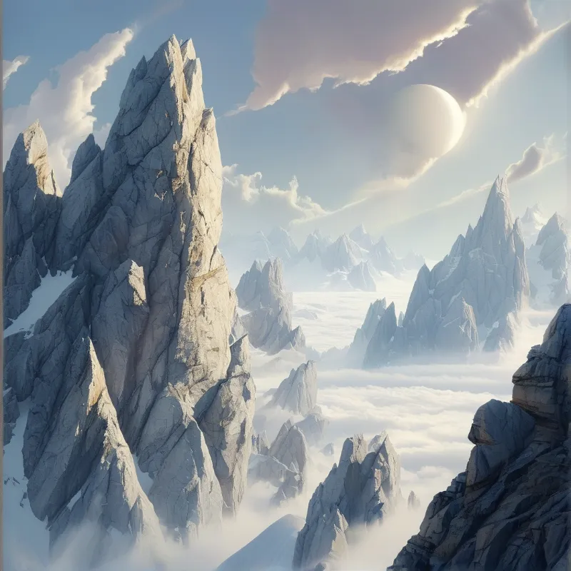 Tall jagged grey mountain peaks rise sharply from a thick layer of white clouds under a pale sun.