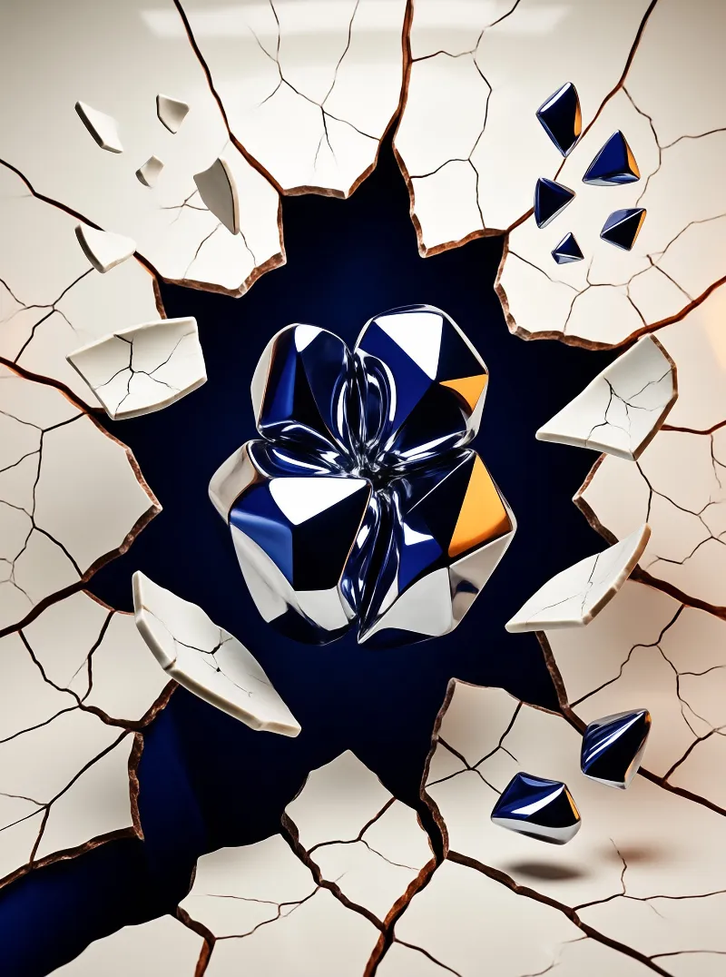 A reflective blue knot emerges from a fractured white surface with scattered fragments floating nearby.
