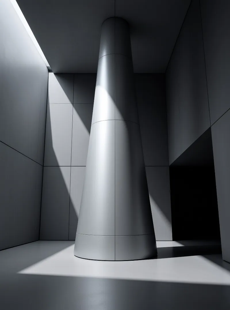 A tall tapered concrete column stands in a gray minimalist room lit by a diagonal shaft of sunlight from the upper left