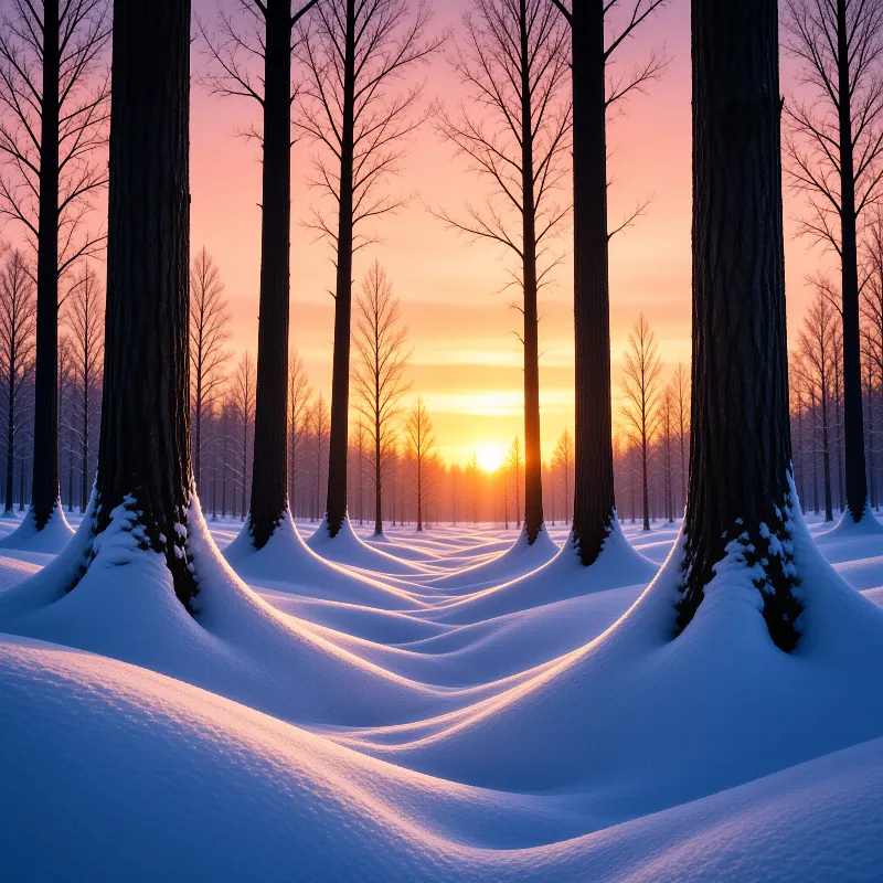 Tall leafless trunks emerge from sculpted drifts of snow as a low sun sets the far treeline aglow.