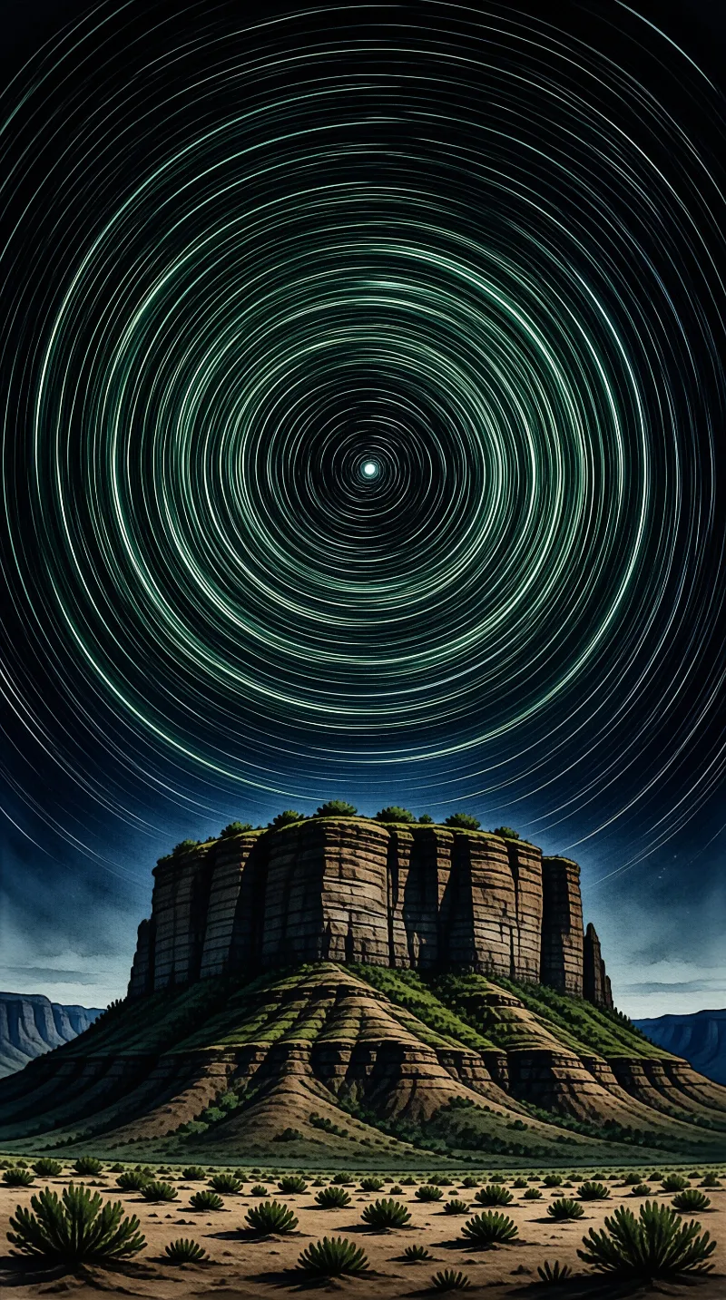 Concentric teal arcs of night sky rotation circle a glowing star over a flat rocky mesa dotted with desert plants.