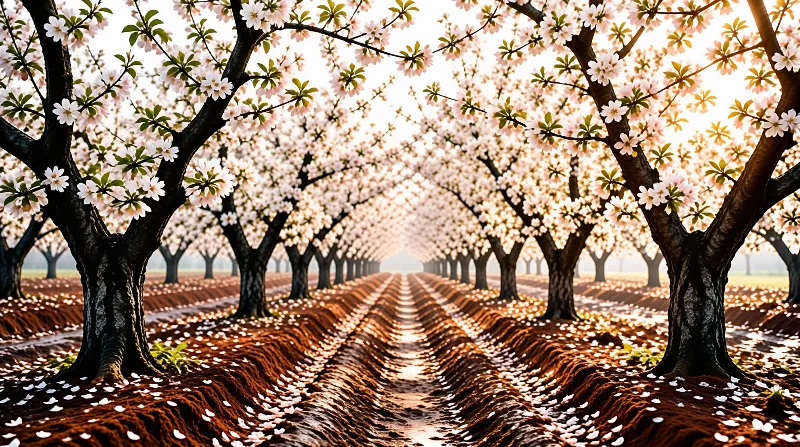 Rows of blooming cherry trees line a tilled petal-strewn path, bathed in soft warm light that fades into distant fog.