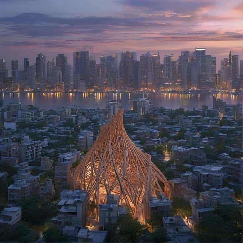 A glowing wooden lattice tower stands among low buildings at dusk with a river and illuminated skyscrapers behind it